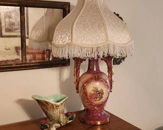 Vintage Cornucopia Planter and Victorian Gold and Pink Porcelain Table Lamp with Fringe Shade