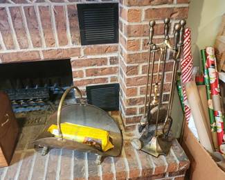 Vintage Brass Fireplace tool set and log holder