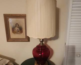 Red Glass Hollywood Regency Style Table Lamp with brass base