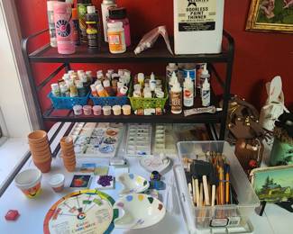 acyrlic paints, paint brushes and other paint related crafting items