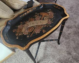 Musical themed black tray side table with gold edging