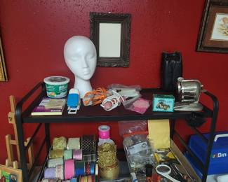 Ribbon, foam display head, vintage Wall Mountable Pencil Sharpener and glue gun