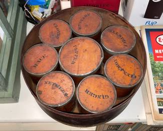 Antique 1800s Spice Jar Set In Wooden Canisters