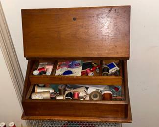 Sewing Threads & Supplies In Wooden Desktop Cabinet