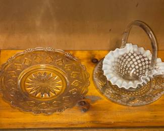 Fenton Hobnail Milk Glass Opalescent Handled Basket