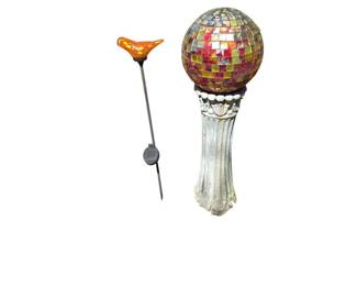 Outdoor Decor Solar Bird Mosaic Gazing Ball on Concrete Pedestal
