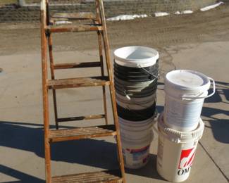 Lot 165. 5' wooden step ladder and lots of 5-gallon buckets