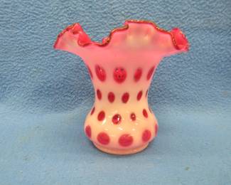 Lot 236. Fenton white cranberry coin dot vase in excellent condition