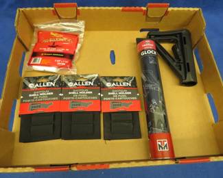 Lot 94. Magpul buttstock, Glock Tekmat bench mat, shell holders, and cleaning patches