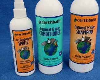 Lot 110. Earthbath Pet Products: Shampoo 1/2 full. Conditioner full. Deodorizing Spritz spray full.