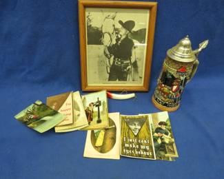 Lot 268. Collectible stew: 8" x 10" framed photo of Hopalong Cassidy. Beer stein. 12 RPPCs. Helin Flatfish
