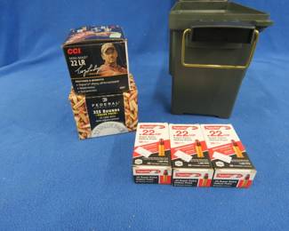 Lot 226. Hundreds of 22 LR rounds in a plastic ammo box: One box of 325 Federal rounds. One box of 375 CCI .22 mini-mag .22 rounds. Three boxes of 50 each Aguila .22 HP rounds.