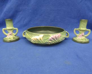 Lot 305. Roseville Freesia 8" centerpiece and matching candlesticks. No chips or cracks.