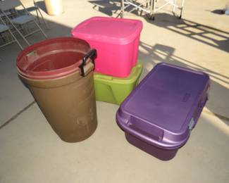 Lot 164. Three totes with lids and a Rubbermaid refuse container