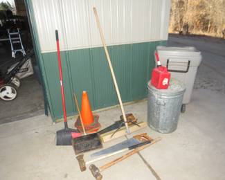 Lot 166. Shop essentials including garbage cans, brooms, mauls, and more