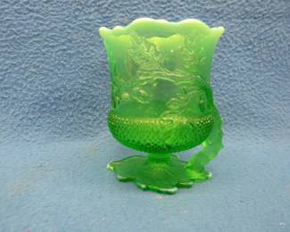 Lot 237. Green opalescent acorn leaf glass spooner. Possibly Mosser.