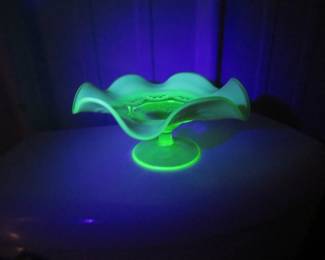Lot 311. Jefferson Glass Co. uranium glass compote. Vaseline colored with opalescence.