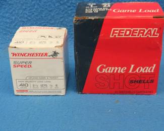 Lot 115. 50 rounds of Federal shotgun shells: 25 rounds of 2 1/2" .410 6 shot. 25 rounds of 16-gauge 7.5 shot.