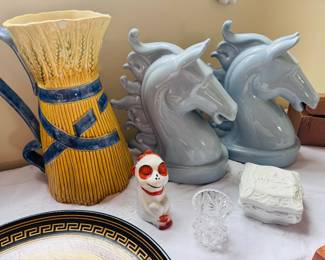 William Sonoma wheat pitcher, MCM St. Regis porcelain horse head bookends