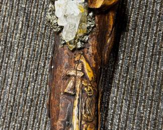 Hand carved "Kingdom of the Dwarfs" walking cane. With crystals, pyrite and purple amethyst 