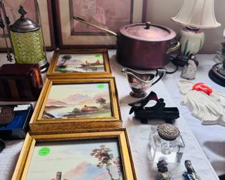 Antique painted tiles, vintage mud men figures, crystal inkwell, cast iron toothpick catcher, antique copper pot, antique pickle jar