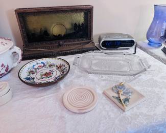 Antique light fixture from demolished Detroit building, this used to be an exit sign. At some point it was flipped upside down, and reverse painted to become a table lamp. 