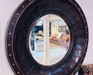 Vintage Faux leather round bullseye mirror