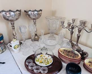 1970s Goodwood teak charcuterie board/dome, crystal showstoppers, MCM silver plated pedestal rose bowl, candelabra pair