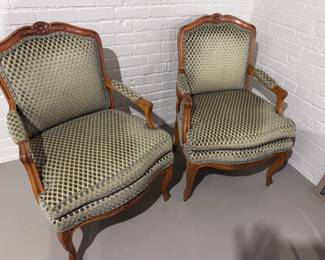 Antique upholstered French Beech armchairs. Located in Pleasant Ridge. Please contact for details if interested in purchasing.