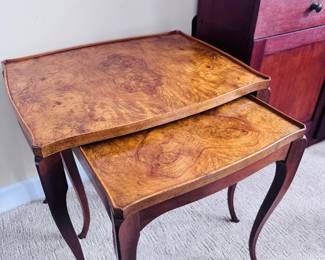 Vintage Burl Wood Nesting Tables by Baker.  Located in Pleasant Ridge. Please contact for details if interested in purchasing.