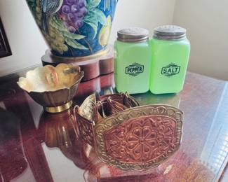 Vintage brass belt, Jadeite salt and pepper shakers, brass lotus flower bowl