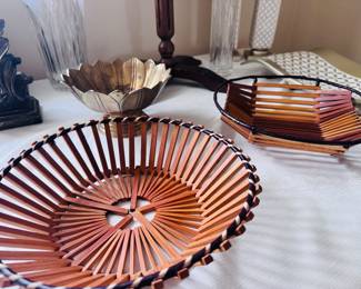 Baskets and brass pedestal dish