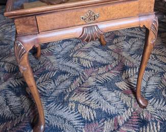 Vintage 1960s Baker Furniture Burl Wood Glass Top Side Table.  Located in Pleasant Ridge. Please contact for details if interested in purchasing. (2 available)