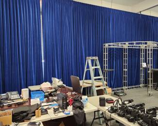 Crushed velvet type fabric stage curtains, 15 feet tall, will measure width of panels. Fire retardant.