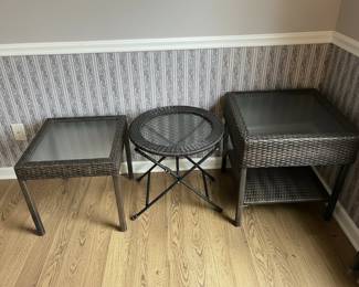 Wicker and Glass Top End Tables Set