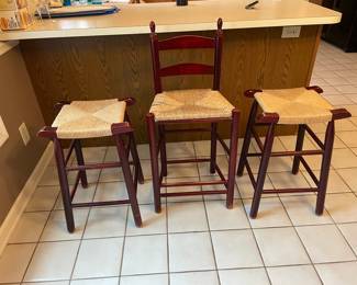 Set of 3 Red Wooden Ladder Back Counter Stools with Rush Seats