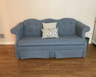 Sherrill 3-Seat Blue Sofa with Rolled Arms and Skirt