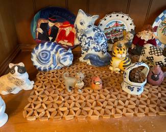 Sango Cafe Americana Decorative Plate and Assorted Ceramic Cat Figurines