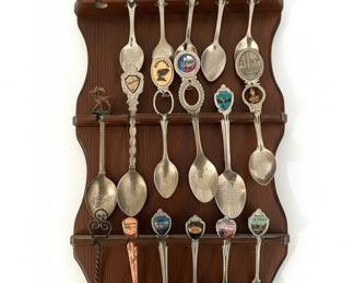 Collection of Souvenir Spoons with Display Rack