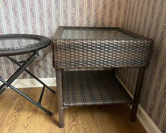 Wicker and Glass Top End Tables Set