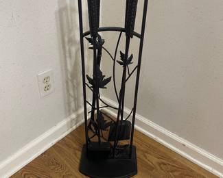 Black Wrought Iron Fireplace Tool Set with Leaf Motif