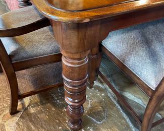 Heavy wooden legs. Comes with 6 side chairs and 2 Arm chairs. $1999 for EVERYTHING.