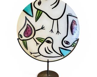 Large Kosta Boda "Birds" platter on stand - signed by artist Ulrica