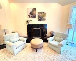 PAIR of custom armchairs upholstered in a soft ocean colored chenille