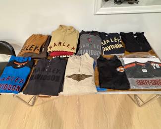 Table full of Harley Davidson apparel
