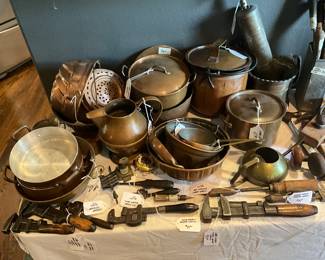 Wooden handled “monkey wrenches”, copper cookware and other tools