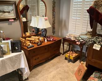 Note the hand-made trucks on Antique oak dresser