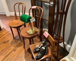 Pair of bent wood chairs and child’s school chair