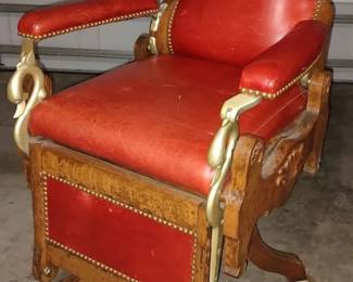 American Antique Wooden Barber Chair Climax by Eugene Berninghaus 1887 - The first Barber's chair that featured full reclining capability and 360 degree revolution. Made of walnut and maple, non-hydraulic, reclines, rotates, adjustable headrest.