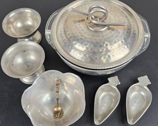 Lot #167 - Vintage Hammered Aluminum & Pewter Cookware Set with Decorative Gold-Tone Spoon and Serving Bowls